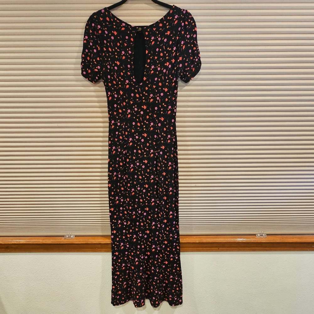 Free People Black Floral Short Sleeve Keyhole Back Maxi Dress Small OB1085794 - Picture 6 of 9